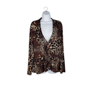Chicos Travelers Slinky Knit V-Neck Cardigan Brown Animal Print Size 3 Size XL